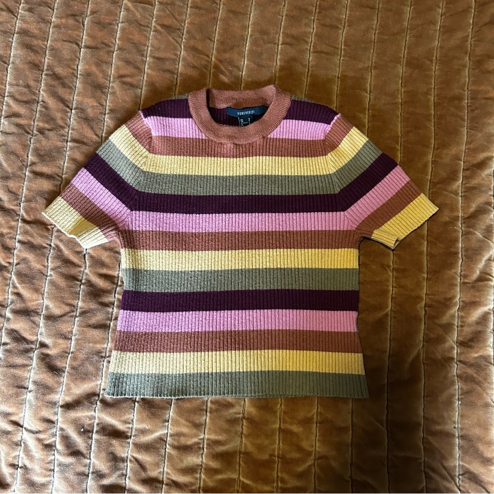 Forever 21 Multicolor Striped Knit Mock Neck Crop Top